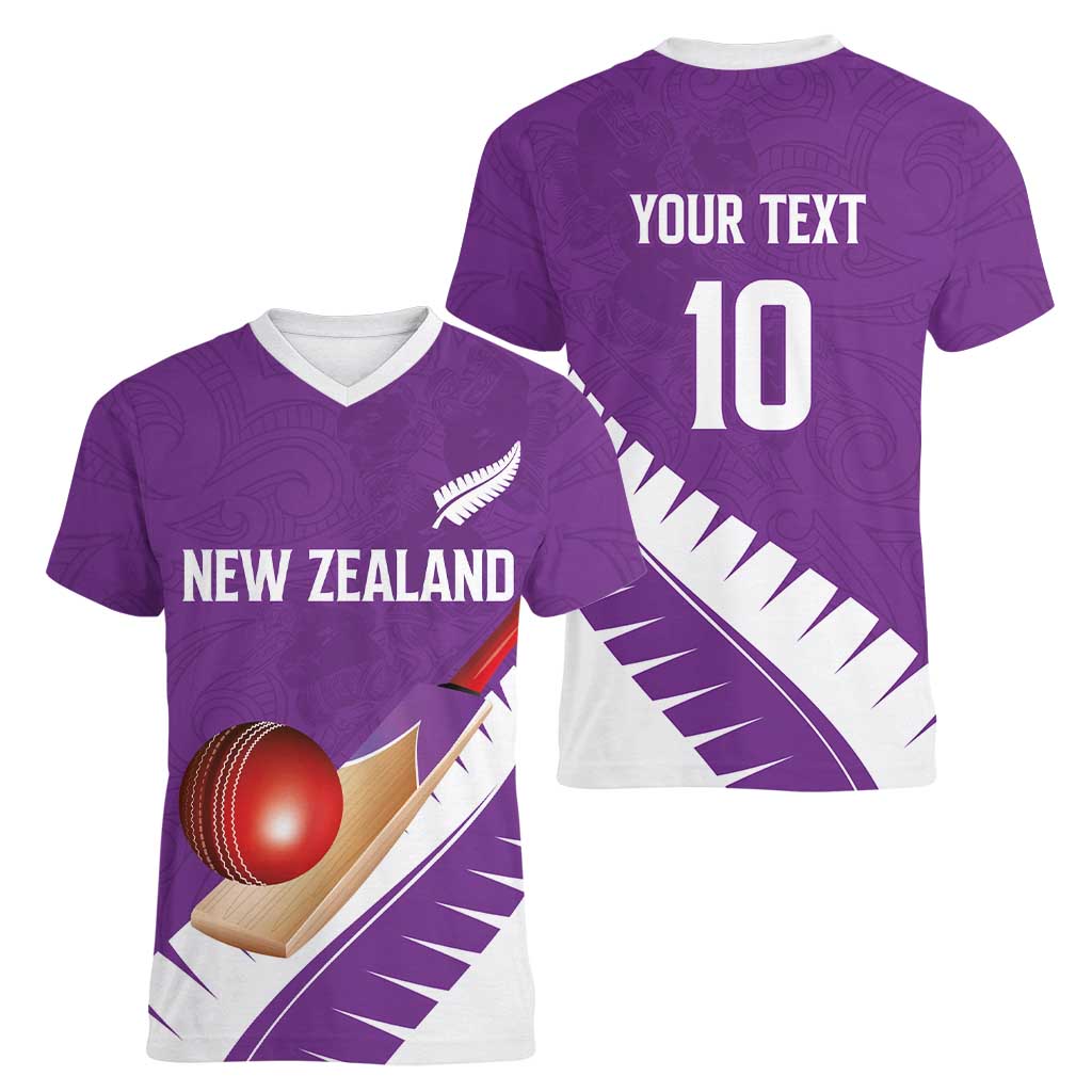 Custom New Zealand Cricket Women V-Neck T-Shirt Kiwi Birds Haka Dance Purple Fern Sporty Style LT03 - Polynesian Pride