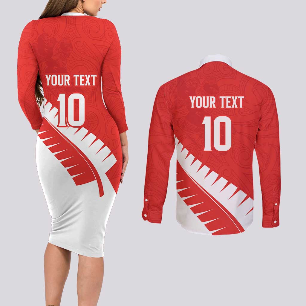 Custom New Zealand Cricket Couples Matching Long Sleeve Bodycon Dress and Long Sleeve Button Shirt Kiwi Birds Haka Dance Red Fern Sporty Style LT03 - Polynesian Pride