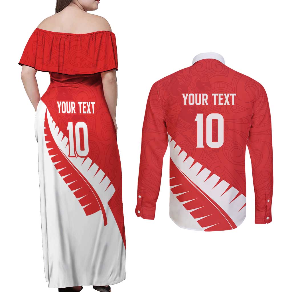 Custom New Zealand Cricket Couples Matching Off Shoulder Maxi Dress and Long Sleeve Button Shirt Kiwi Birds Haka Dance Red Fern Sporty Style LT03 - Polynesian Pride
