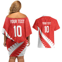 Custom New Zealand Cricket Couples Matching Off Shoulder Short Dress and Hawaiian Shirt Kiwi Birds Haka Dance Red Fern Sporty Style LT03 - Polynesian Pride