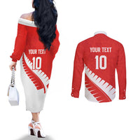 Custom New Zealand Cricket Couples Matching Off The Shoulder Long Sleeve Dress and Long Sleeve Button Shirt Kiwi Birds Haka Dance Red Fern Sporty Style LT03 - Polynesian Pride