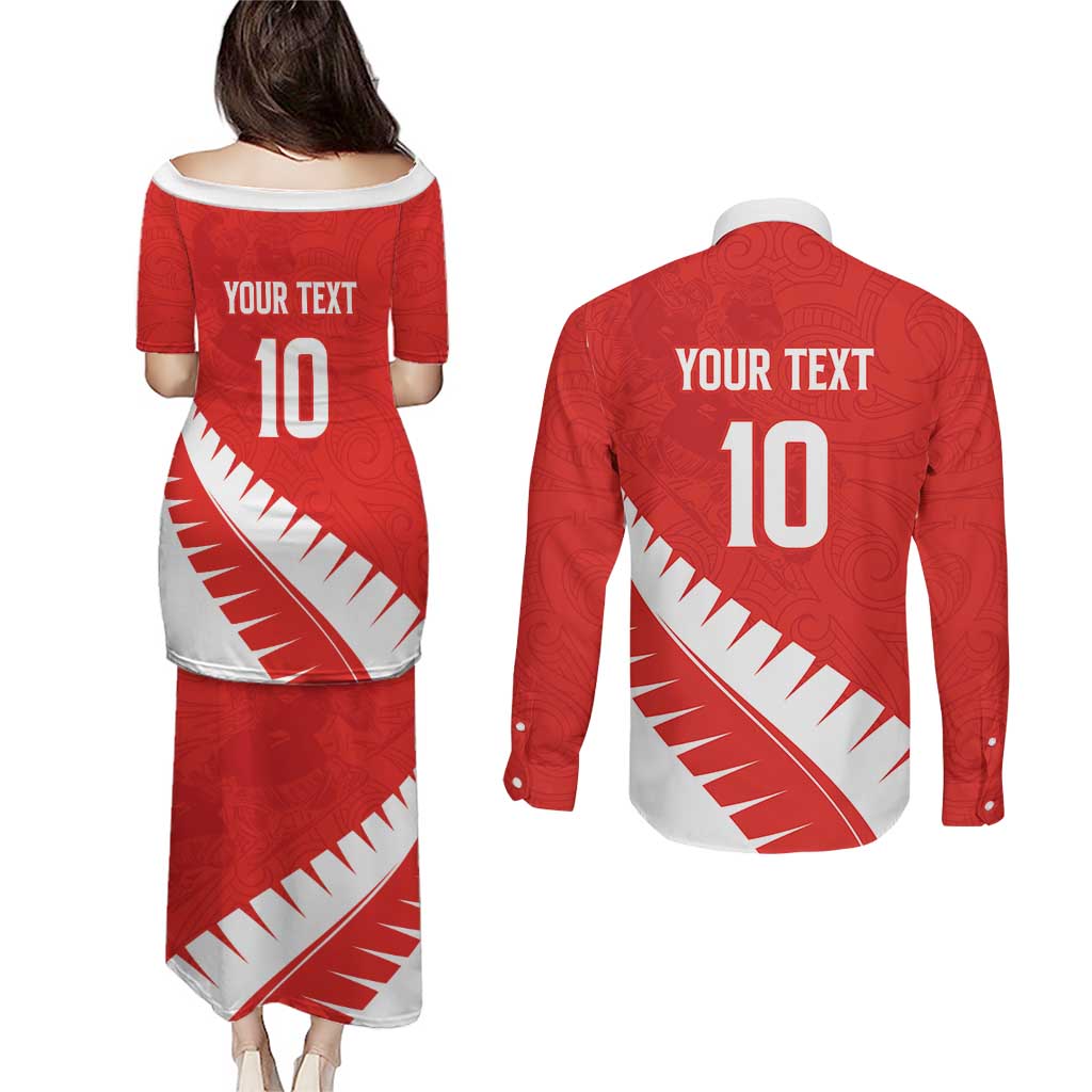 Custom New Zealand Cricket Couples Matching Puletasi and Long Sleeve Button Shirt Kiwi Birds Haka Dance Red Fern Sporty Style LT03 - Polynesian Pride