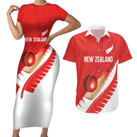 Custom New Zealand Cricket Couples Matching Short Sleeve Bodycon Dress and Hawaiian Shirt Kiwi Birds Haka Dance Red Fern Sporty Style LT03 Red - Polynesian Pride