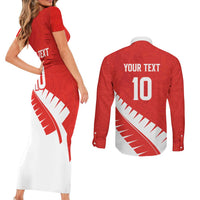 Custom New Zealand Cricket Couples Matching Short Sleeve Bodycon Dress and Long Sleeve Button Shirt Kiwi Birds Haka Dance Red Fern Sporty Style LT03 - Polynesian Pride