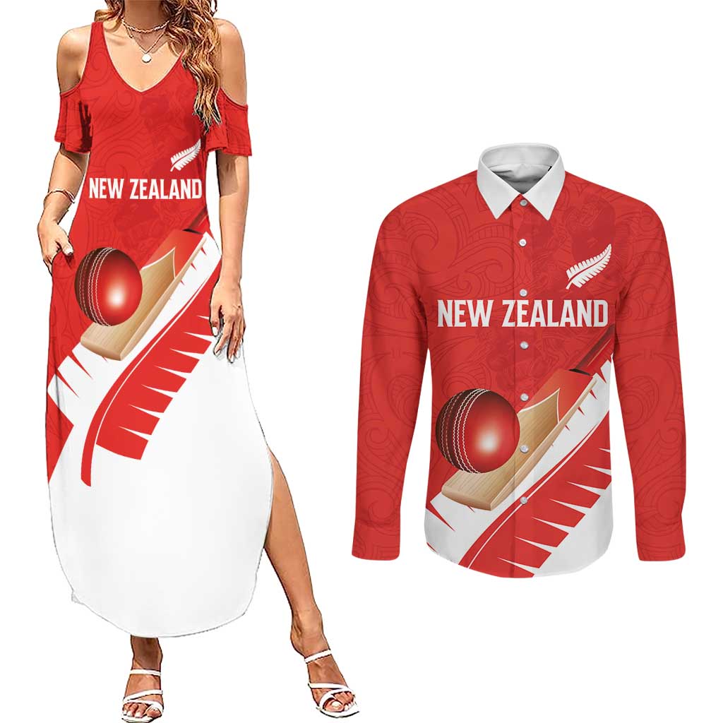 Custom New Zealand Cricket Couples Matching Summer Maxi Dress and Long Sleeve Button Shirt Kiwi Birds Haka Dance Red Fern Sporty Style LT03 Red - Polynesian Pride