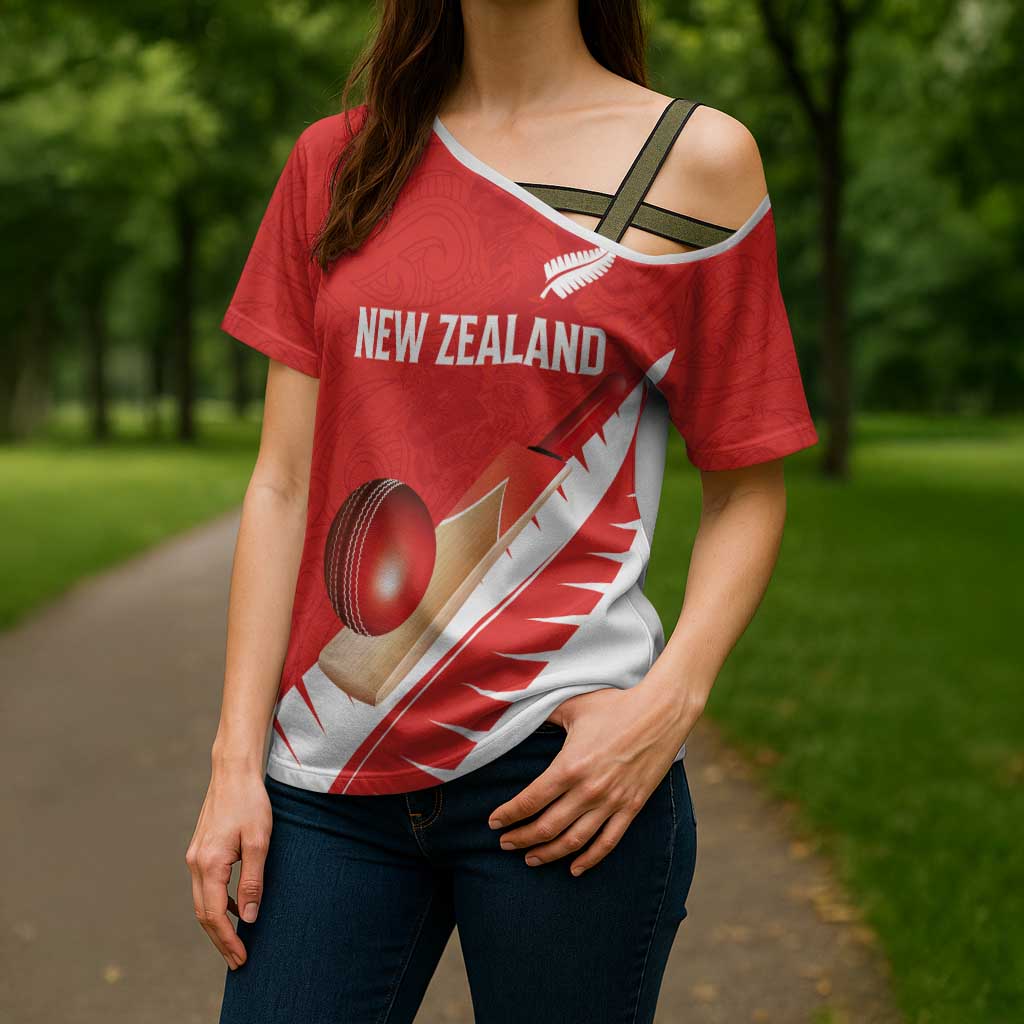 Custom New Zealand Cricket Cross Shoulder Shirt Kiwi Birds Haka Dance Red Fern Sporty Style LT03 - Polynesian Pride
