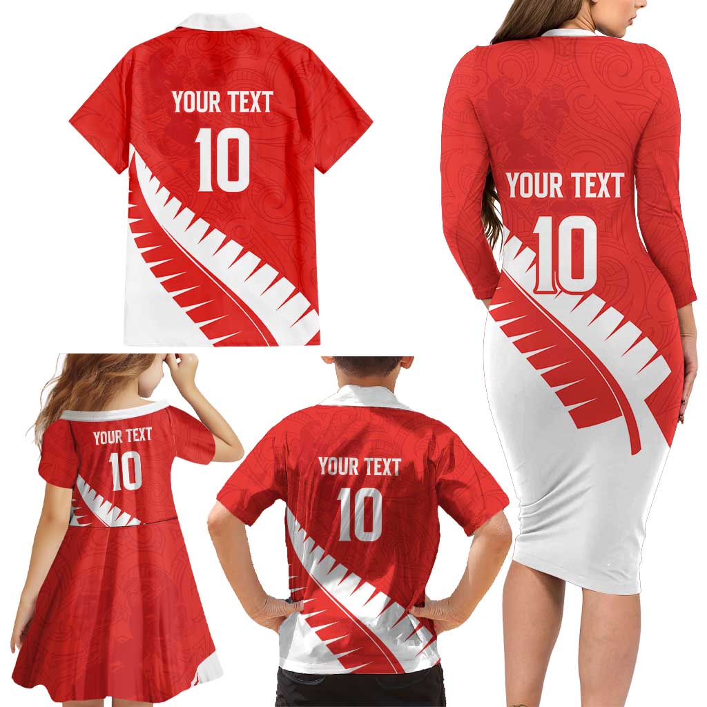 Custom New Zealand Cricket Family Matching Long Sleeve Bodycon Dress and Hawaiian Shirt Kiwi Birds Haka Dance Red Fern Sporty Style LT03 - Polynesian Pride
