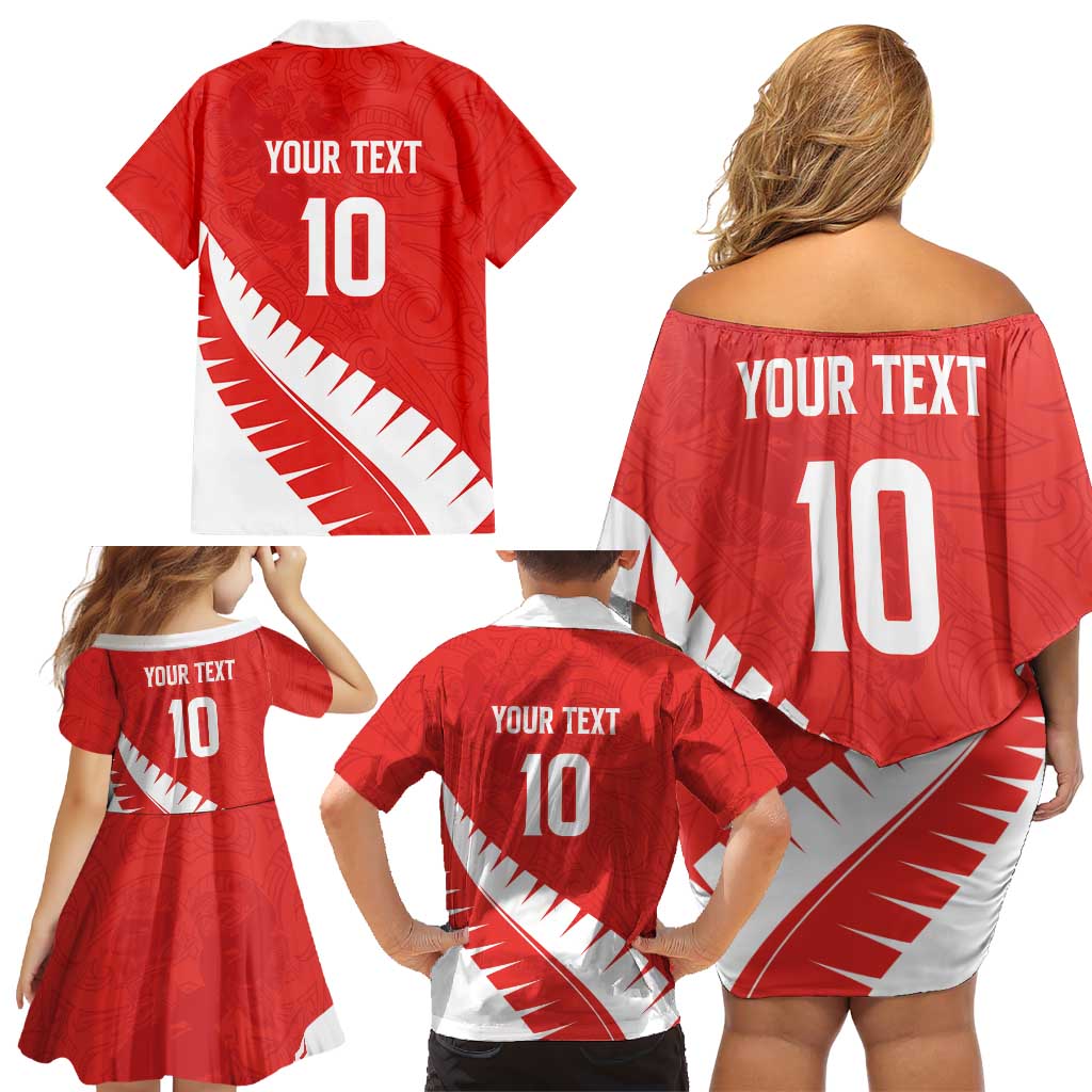 Custom New Zealand Cricket Family Matching Off Shoulder Short Dress and Hawaiian Shirt Kiwi Birds Haka Dance Red Fern Sporty Style LT03 - Polynesian Pride