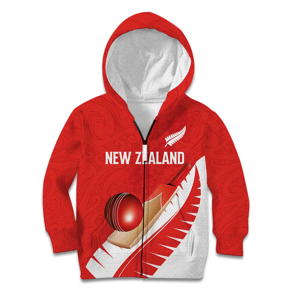 Custom New Zealand Cricket Kid Hoodie Kiwi Birds Haka Dance Red Fern Sporty Style LT03 Zip Hoodie Red - Polynesian Pride