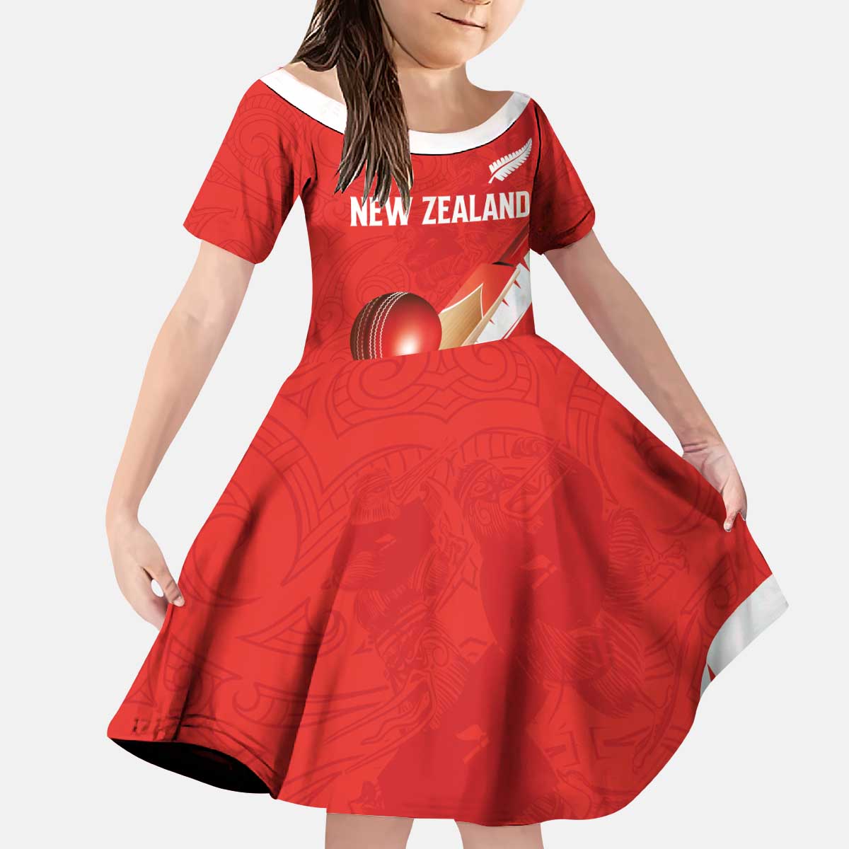 Custom New Zealand Cricket Kid Short Sleeve Dress Kiwi Birds Haka Dance Red Fern Sporty Style LT03 KID Red - Polynesian Pride