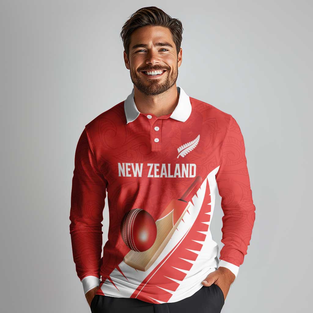 Custom New Zealand Cricket Long Sleeve Polo Shirt Kiwi Birds Haka Dance Red Fern Sporty Style LT03 - Polynesian Pride