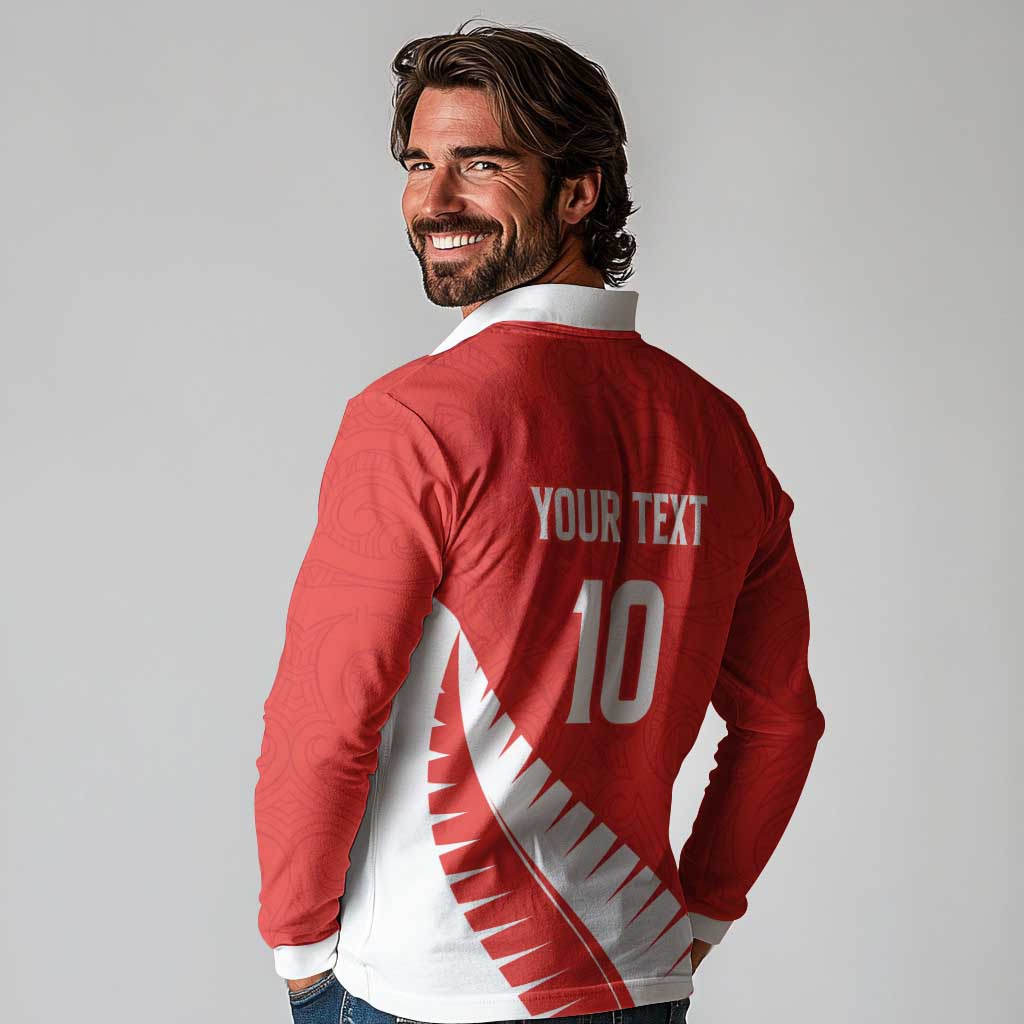 Custom New Zealand Cricket Long Sleeve Polo Shirt Kiwi Birds Haka Dance Red Fern Sporty Style LT03 - Polynesian Pride