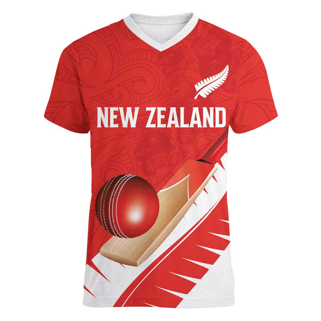 Custom New Zealand Cricket Women V-Neck T-Shirt Kiwi Birds Haka Dance Red Fern Sporty Style LT03 Female Red - Polynesian Pride