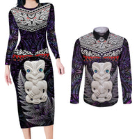 New Zealand Hei Tiki Couples Matching Long Sleeve Bodycon Dress and Long Sleeve Button Shirt Maori Purple Papua Shell Pattern LT03 Purple - Polynesian Pride