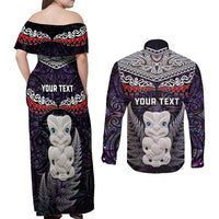 New Zealand Hei Tiki Couples Matching Off Shoulder Maxi Dress and Long Sleeve Button Shirt Maori Purple Papua Shell Pattern LT03 - Polynesian Pride