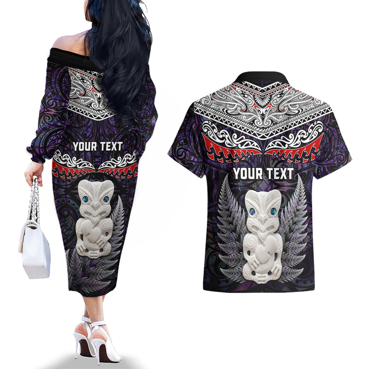 New Zealand Hei Tiki Couples Matching Off The Shoulder Long Sleeve Dress and Hawaiian Shirt Maori Purple Papua Shell Pattern LT03 - Polynesian Pride