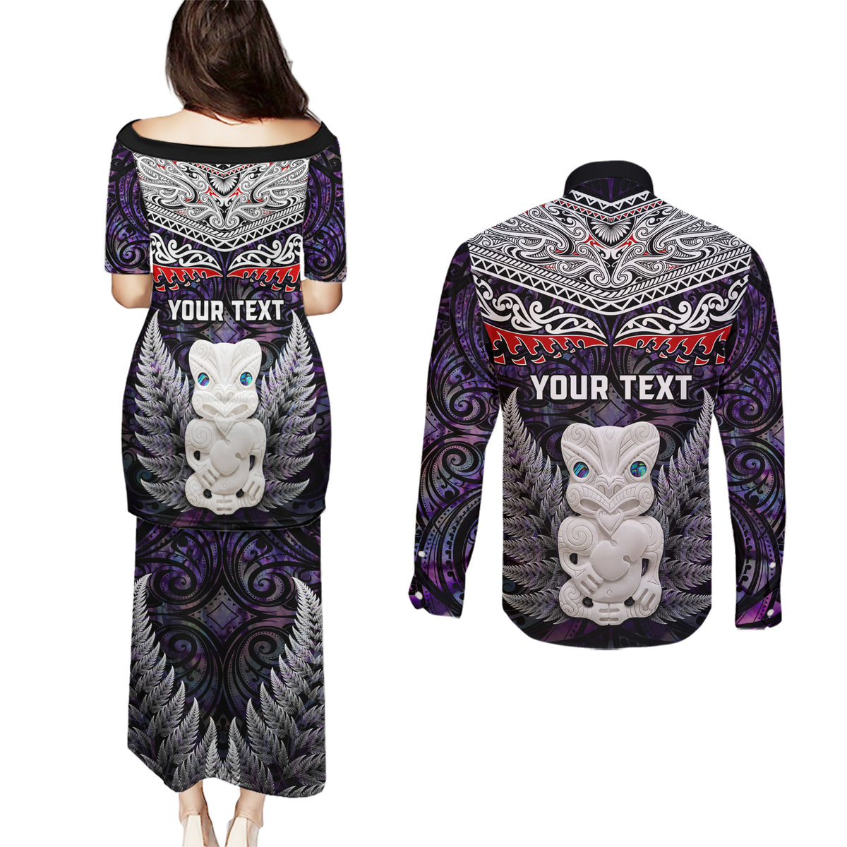 New Zealand Hei Tiki Couples Matching Puletasi and Long Sleeve Button Shirt Maori Purple Papua Shell Pattern LT03 - Polynesian Pride