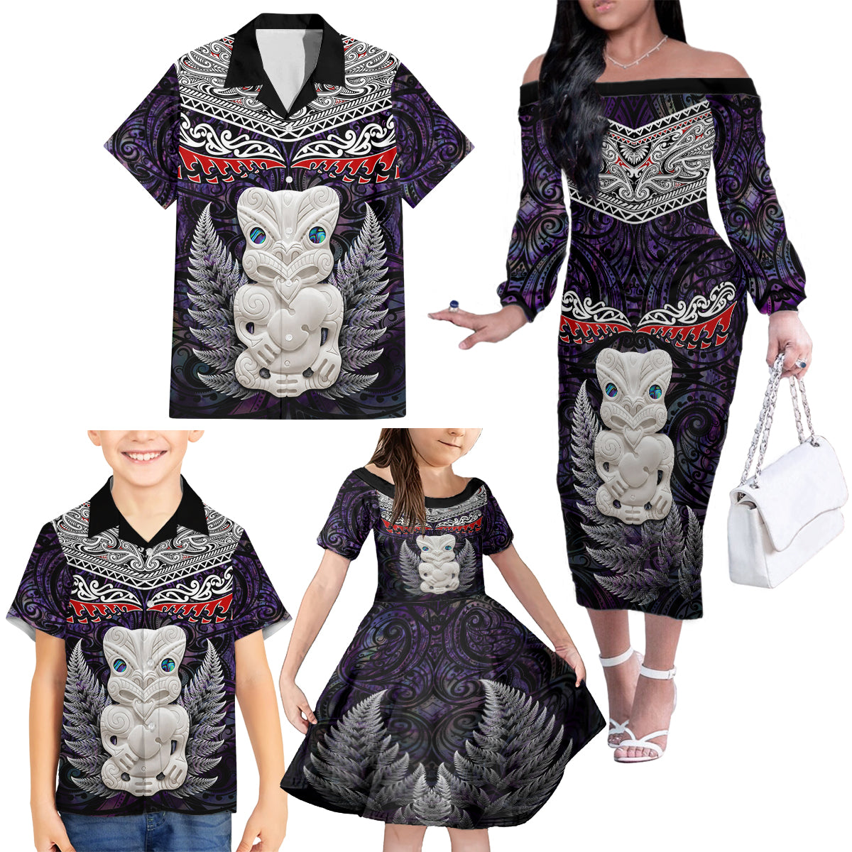 New Zealand Hei Tiki Family Matching Off Shoulder Long Sleeve Dress and Hawaiian Shirt Maori Purple Papua Shell Pattern LT03 - Polynesian Pride