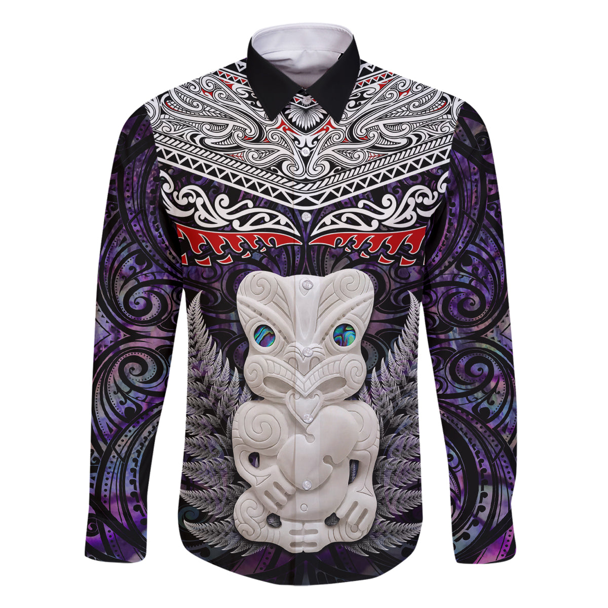 New Zealand Hei Tiki Family Matching Off Shoulder Long Sleeve Dress and Hawaiian Shirt Maori Purple Papua Shell Pattern LT03 Dad's Shirt - Long Sleeve Purple - Polynesian Pride