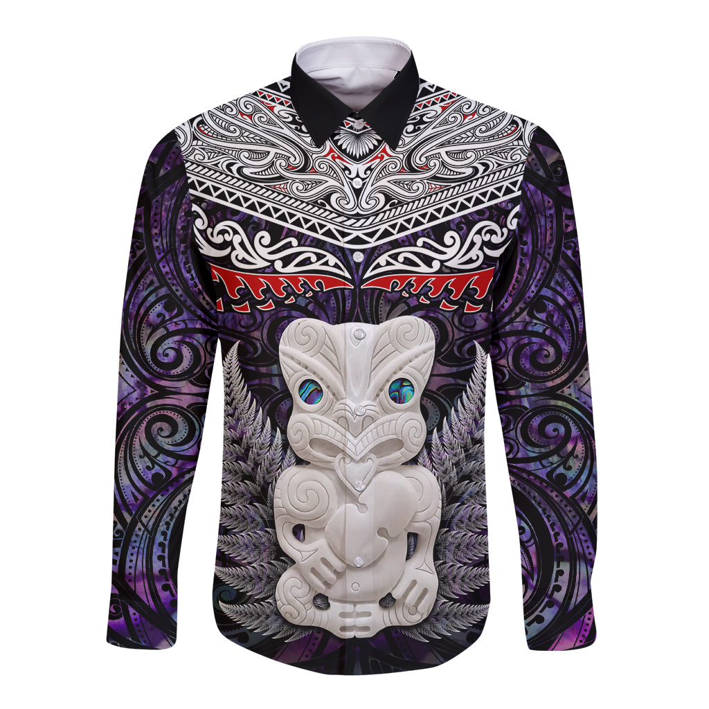 New Zealand Hei Tiki Long Sleeve Button Shirt Maori Purple Papua Shell Pattern LT03 Unisex Purple - Polynesian Pride