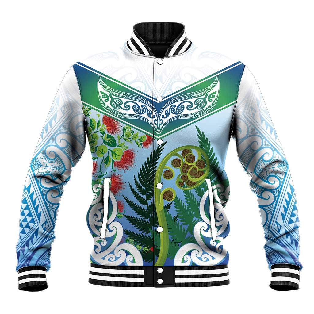 Aotearoa New Zealand Natural Plants Baseball Jacket Pohutukawa with Silver Ferns Koru Frond Maori Tattoos