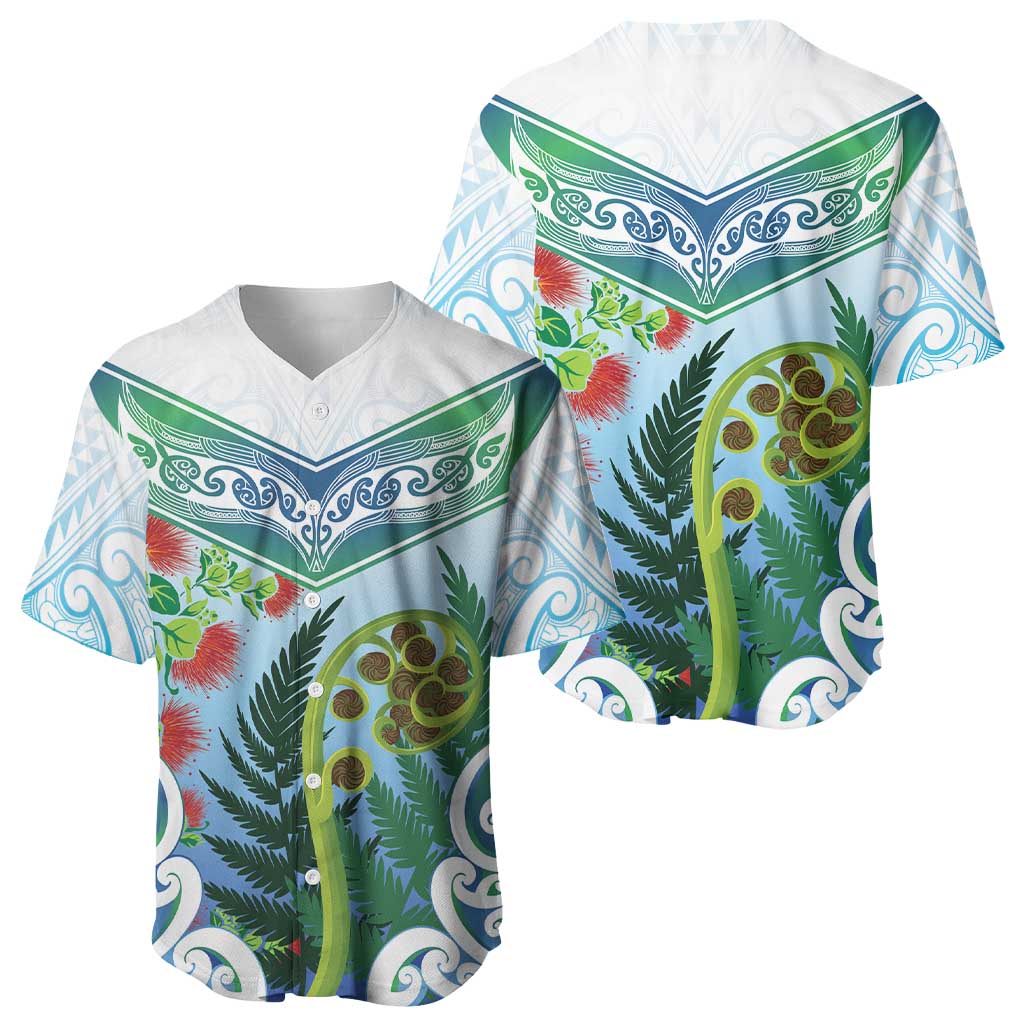 Aotearoa New Zealand Natural Plants Baseball Jersey Pohutukawa with Silver Ferns Koru Frond Maori Tattoos LT03 - Polynesian Pride