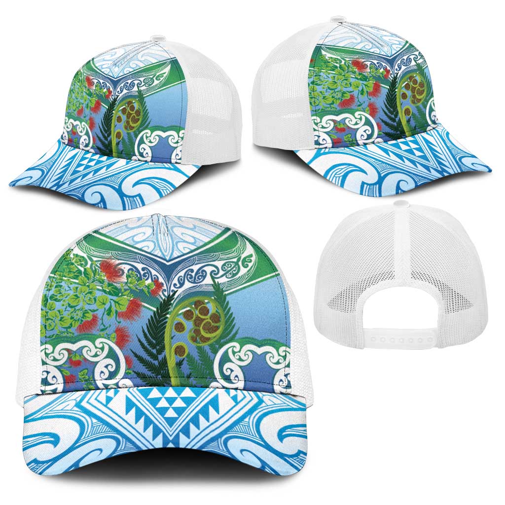Aotearoa New Zealand Natural Plants Baseball Net Cap Pohutukawa with Silver Ferns Koru Frond Maori Tattoos
