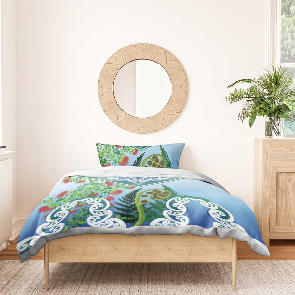 Aotearoa New Zealand Natural Plants Bedding Set Pohutukawa with Silver Ferns Koru Frond Maori Tattoos