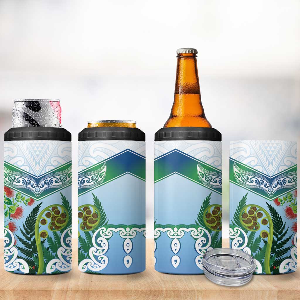 Aotearoa New Zealand Natural Plants 4 in 1 Can Cooler Tumbler Pohutukawa with Silver Ferns Koru Frond Maori Tattoos LT03 - Polynesian Pride