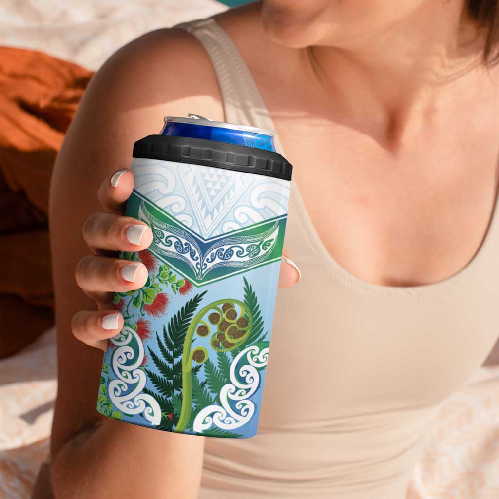 Aotearoa New Zealand Natural Plants 4 in 1 Can Cooler Tumbler Pohutukawa with Silver Ferns Koru Frond Maori Tattoos LT03 - Polynesian Pride