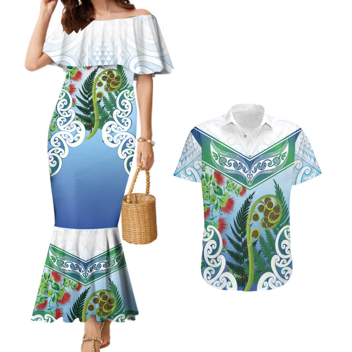 Aotearoa New Zealand Natural Plants Couples Matching Mermaid Dress and Hawaiian Shirt Pohutukawa with Silver Ferns Koru Frond Maori Tattoos