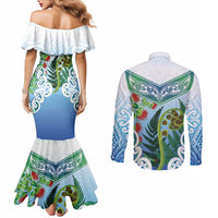Aotearoa New Zealand Natural Plants Couples Matching Mermaid Dress and Long Sleeve Button Shirt Pohutukawa with Silver Ferns Koru Frond Maori Tattoos LT03 - Polynesian Pride