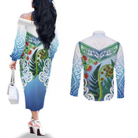 Aotearoa New Zealand Natural Plants Couples Matching Off The Shoulder Long Sleeve Dress and Long Sleeve Button Shirt Pohutukawa with Silver Ferns Koru Frond Maori Tattoos LT03 - Polynesian Pride