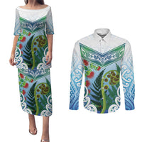 Aotearoa New Zealand Natural Plants Couples Matching Puletasi and Long Sleeve Button Shirt Pohutukawa with Silver Ferns Koru Frond Maori Tattoos LT03 Multicolor - Polynesian Pride