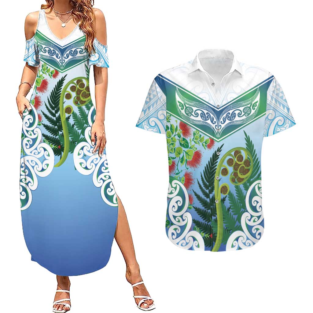 Aotearoa New Zealand Natural Plants Couples Matching Summer Maxi Dress and Hawaiian Shirt Pohutukawa with Silver Ferns Koru Frond Maori Tattoos