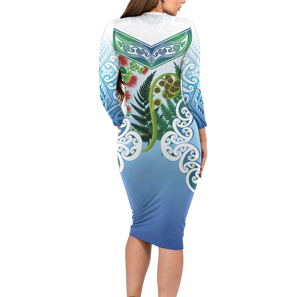 Aotearoa New Zealand Natural Plants Family Matching Long Sleeve Bodycon Dress and Hawaiian Shirt Pohutukawa with Silver Ferns Koru Frond Maori Tattoos LT03 - Polynesian Pride