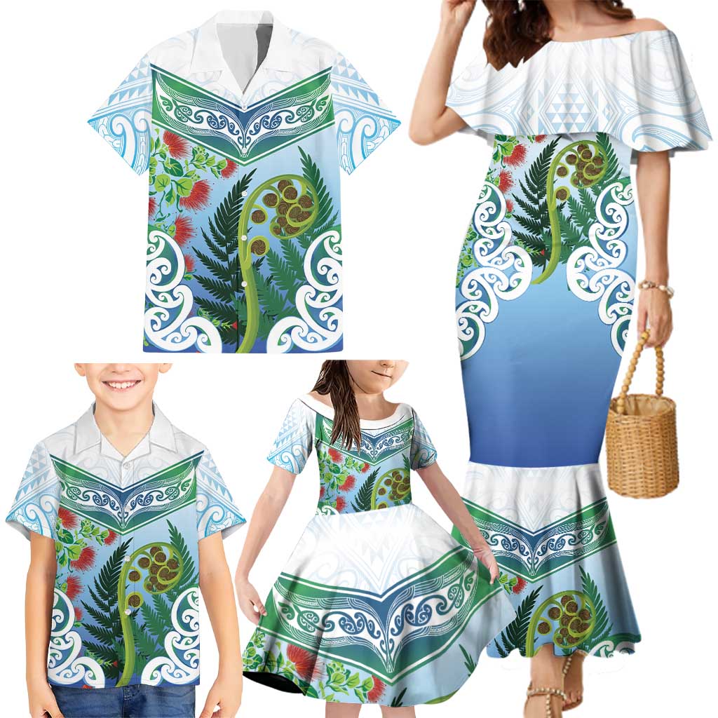 Aotearoa New Zealand Natural Plants Family Matching Mermaid Dress and Hawaiian Shirt Pohutukawa with Silver Ferns Koru Frond Maori Tattoos LT03 - Polynesian Pride