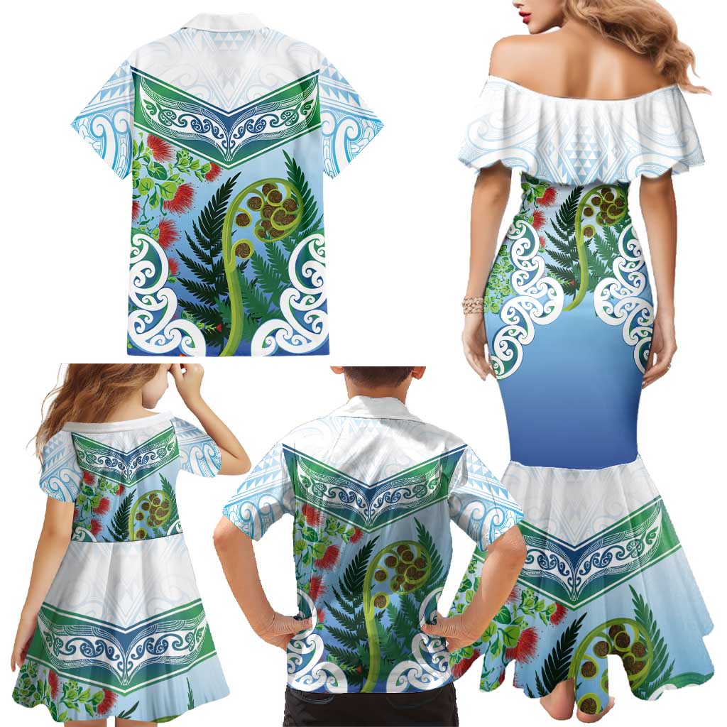 Aotearoa New Zealand Natural Plants Family Matching Mermaid Dress and Hawaiian Shirt Pohutukawa with Silver Ferns Koru Frond Maori Tattoos LT03 - Polynesian Pride