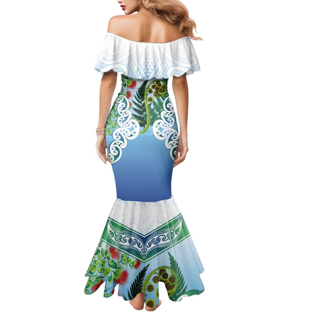 Aotearoa New Zealand Natural Plants Family Matching Mermaid Dress and Hawaiian Shirt Pohutukawa with Silver Ferns Koru Frond Maori Tattoos LT03 - Polynesian Pride