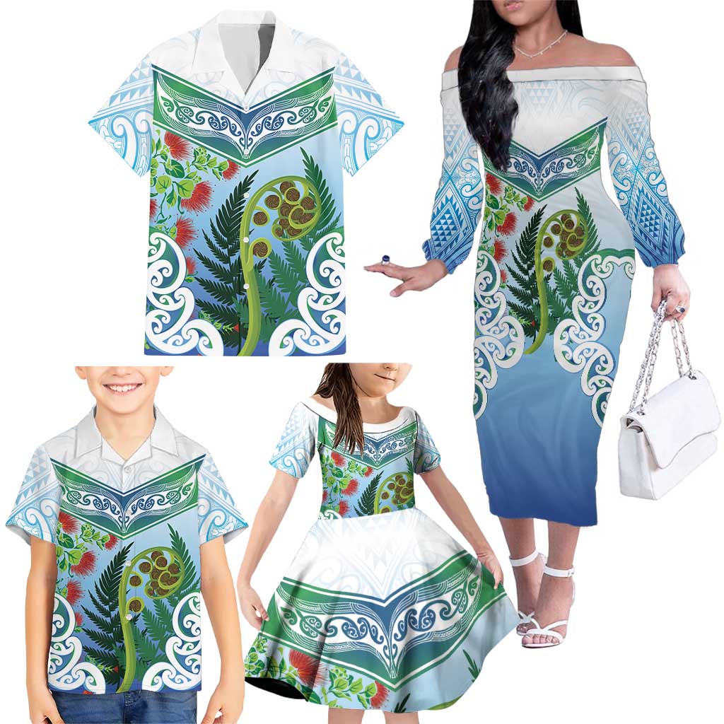 Aotearoa New Zealand Natural Plants Family Matching Off The Shoulder Long Sleeve Dress and Hawaiian Shirt Pohutukawa with Silver Ferns Koru Frond Maori Tattoos