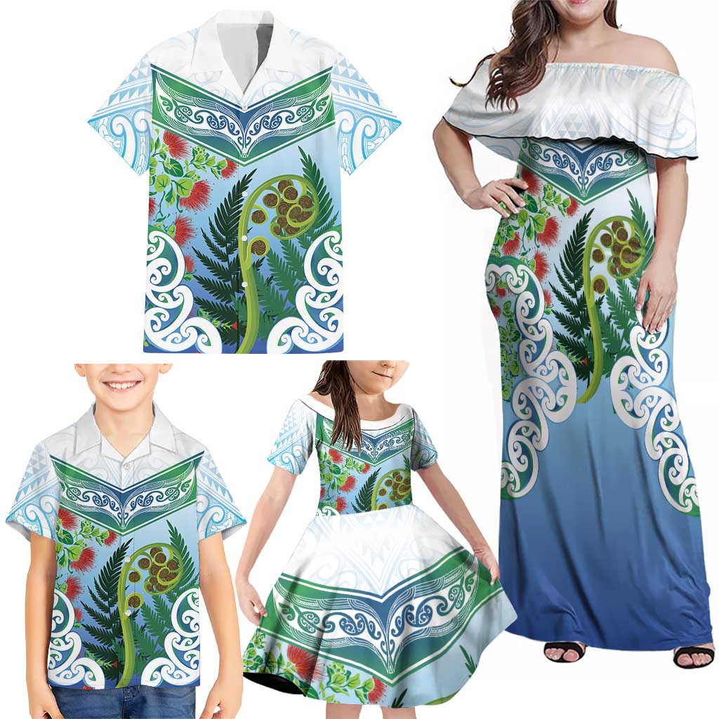 Aotearoa New Zealand Natural Plants Family Matching Off Shoulder Maxi Dress and Hawaiian Shirt Pohutukawa with Silver Ferns Koru Frond Maori Tattoos