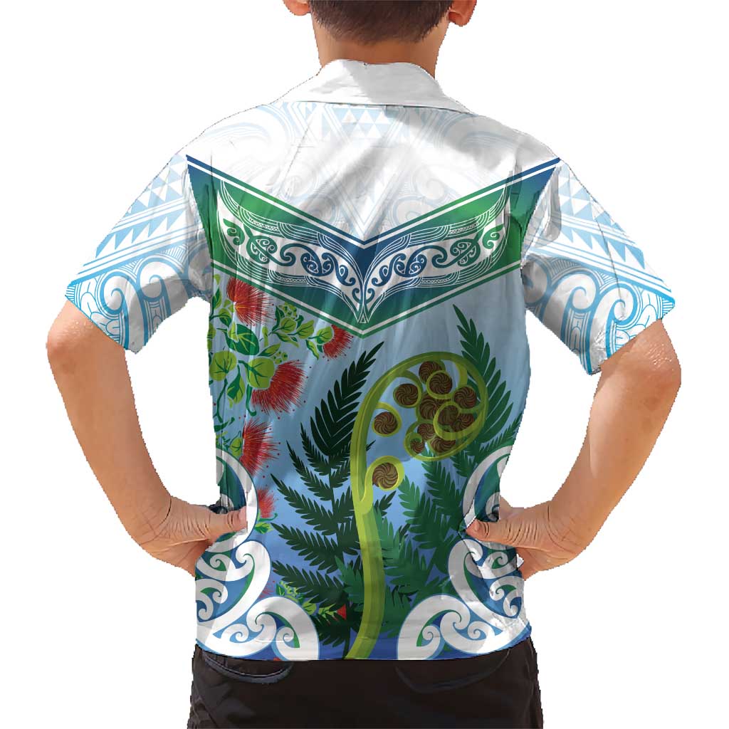 Aotearoa New Zealand Natural Plants Family Matching Off Shoulder Short Dress and Hawaiian Shirt Pohutukawa with Silver Ferns Koru Frond Maori Tattoos LT03 - Polynesian Pride
