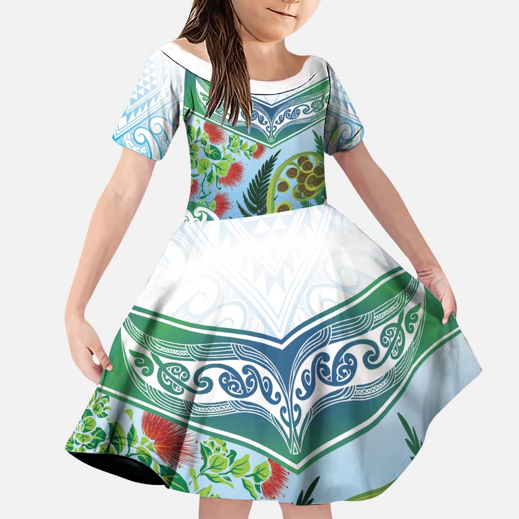 Aotearoa New Zealand Natural Plants Family Matching Off Shoulder Short Dress and Hawaiian Shirt Pohutukawa with Silver Ferns Koru Frond Maori Tattoos LT03 Daughter's Dress Multicolor - Polynesian Pride