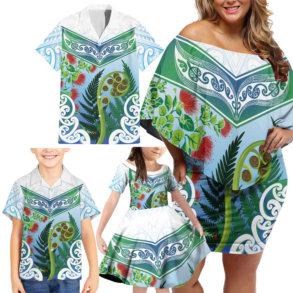 Aotearoa New Zealand Natural Plants Family Matching Off Shoulder Short Dress and Hawaiian Shirt Pohutukawa with Silver Ferns Koru Frond Maori Tattoos LT03 - Polynesian Pride