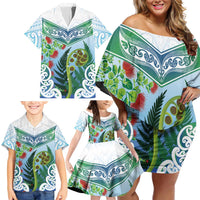 Aotearoa New Zealand Natural Plants Family Matching Off Shoulder Short Dress and Hawaiian Shirt Pohutukawa with Silver Ferns Koru Frond Maori Tattoos LT03 - Polynesian Pride