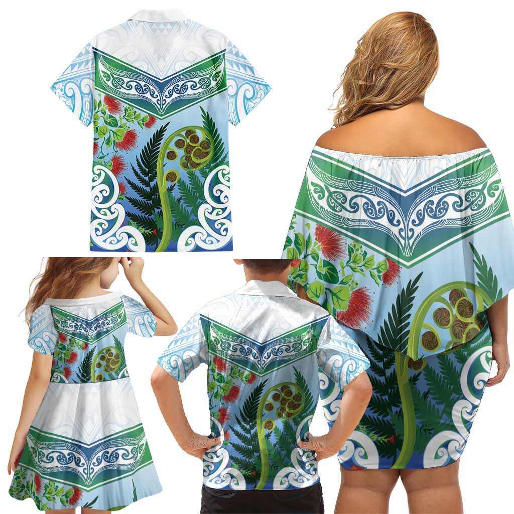Aotearoa New Zealand Natural Plants Family Matching Off Shoulder Short Dress and Hawaiian Shirt Pohutukawa with Silver Ferns Koru Frond Maori Tattoos LT03 - Polynesian Pride