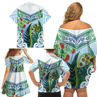 Aotearoa New Zealand Natural Plants Family Matching Off Shoulder Short Dress and Hawaiian Shirt Pohutukawa with Silver Ferns Koru Frond Maori Tattoos LT03 - Polynesian Pride