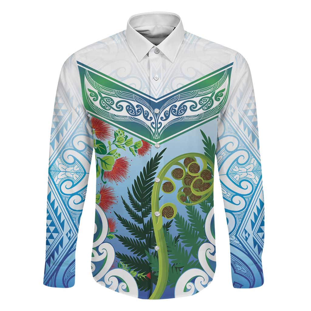 Aotearoa New Zealand Natural Plants Family Matching Off Shoulder Short Dress and Hawaiian Shirt Pohutukawa with Silver Ferns Koru Frond Maori Tattoos LT03 Dad's Shirt - Long Sleeve Multicolor - Polynesian Pride