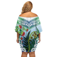 Aotearoa New Zealand Natural Plants Family Matching Off Shoulder Short Dress and Hawaiian Shirt Pohutukawa with Silver Ferns Koru Frond Maori Tattoos LT03 - Polynesian Pride