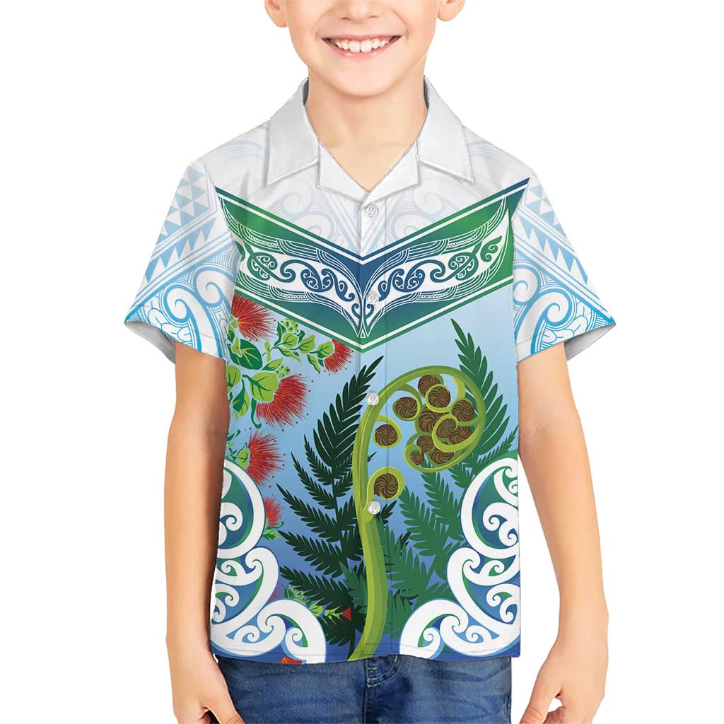 Aotearoa New Zealand Natural Plants Family Matching Off Shoulder Short Dress and Hawaiian Shirt Pohutukawa with Silver Ferns Koru Frond Maori Tattoos LT03 Son's Shirt Multicolor - Polynesian Pride